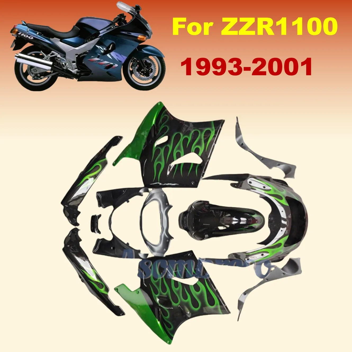 Motorcycle Fairing Kits for Kawasaki Ninja ZZR1100 93-01 ZZR 1100D ZX-11 1993 1999 2000 2001 2003 Green Flame Bodywork Set