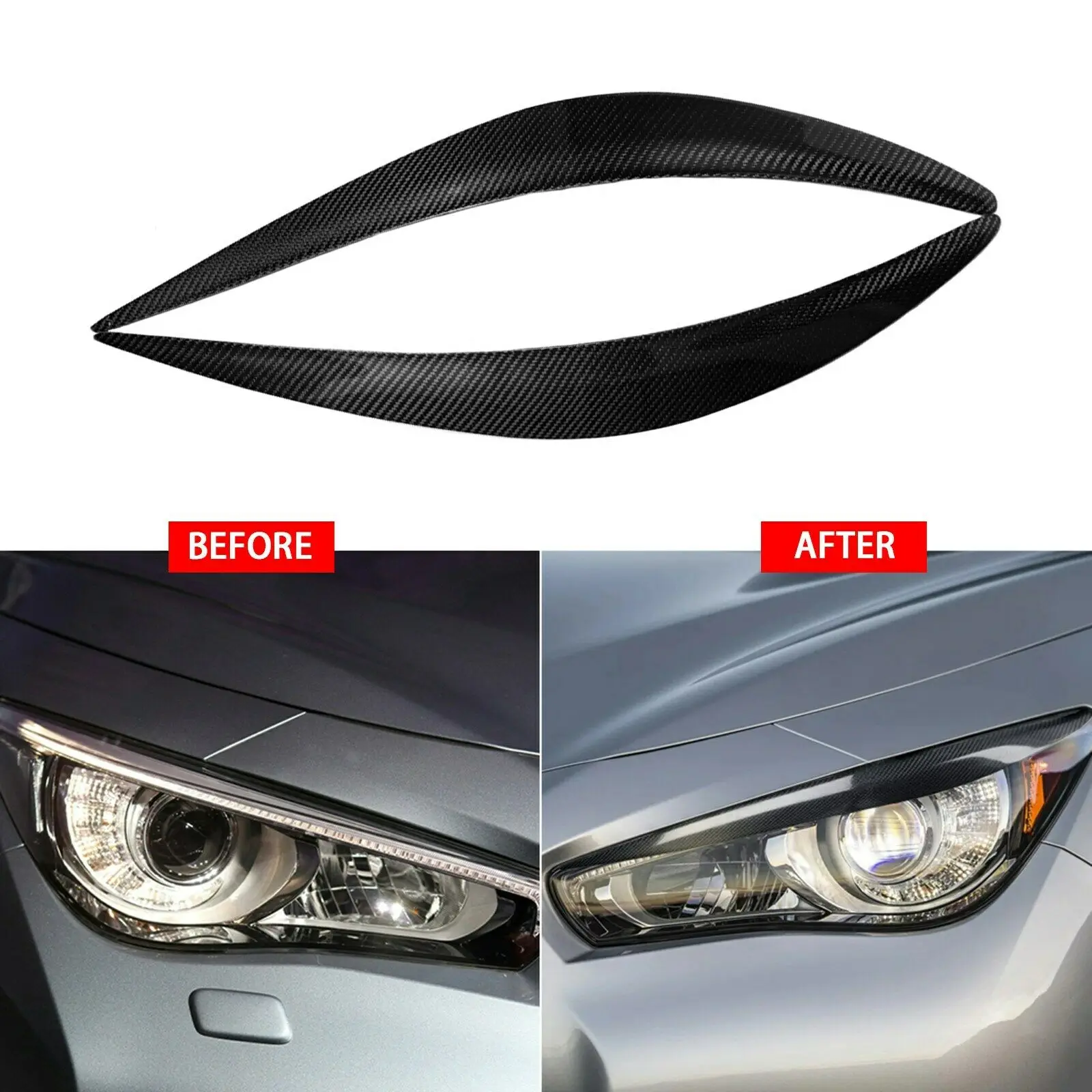 2PCS Front Head Light Eyebrow Eyelid Refit for INFINITI Q50 13-20 Carbon Fiber