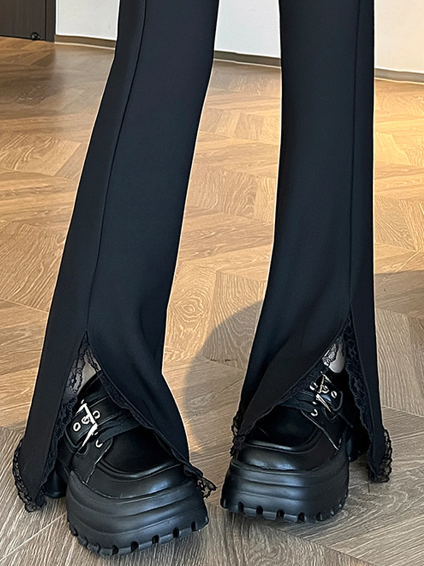 Black Lace Slit Wide Leg Pants High Waist Slimming Drapey Straight Casual Flared Trousers for Women Autumn Commute Style