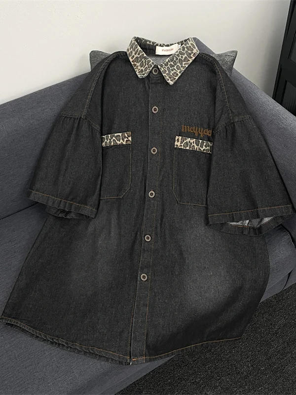 

American Style Leopard Print Splicing Short Sleeve Loose Men's Denim Shirt Vintage Worn Summer Trend Brand Casual Outerwear