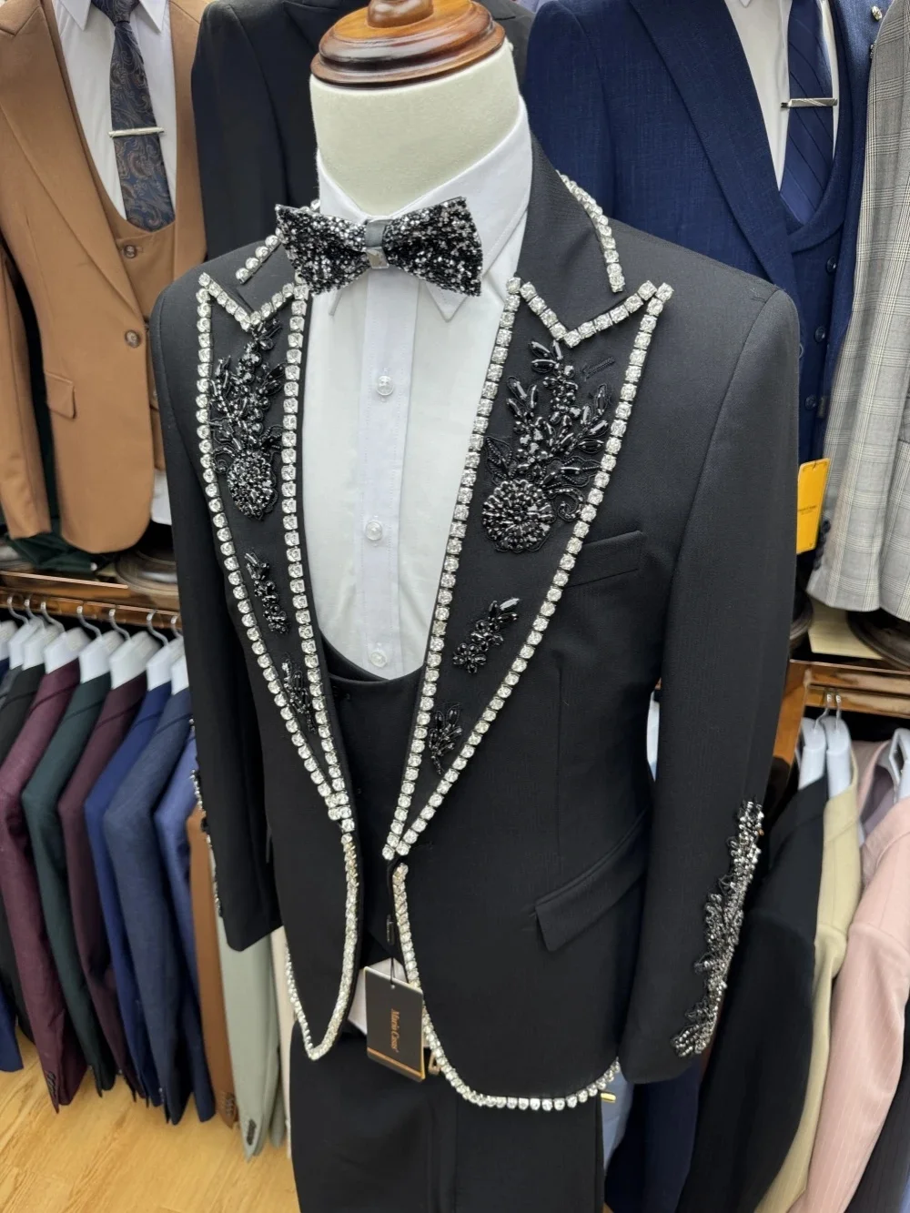 

Luxury Groom Men Suit Set 2 Piece Blazer+Pant Trousers Crystals Stones Customized Formal Office Jacket Wedding Tuxedo Coat