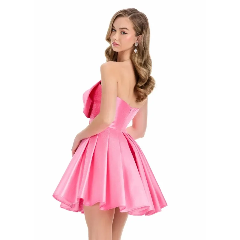 Elegant Pink Bow Party Dress 2025 Strapless Satin Cocktail Short Dress Women Evening Gown Vestdos De Fiesta Customized