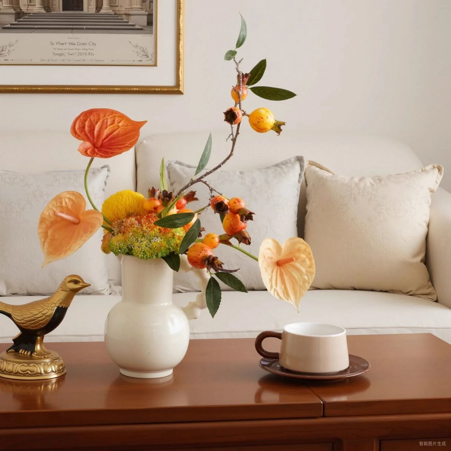 French light luxury simulated bouquet vase ornament, living room dining table, advanced fake flower arrangement, home