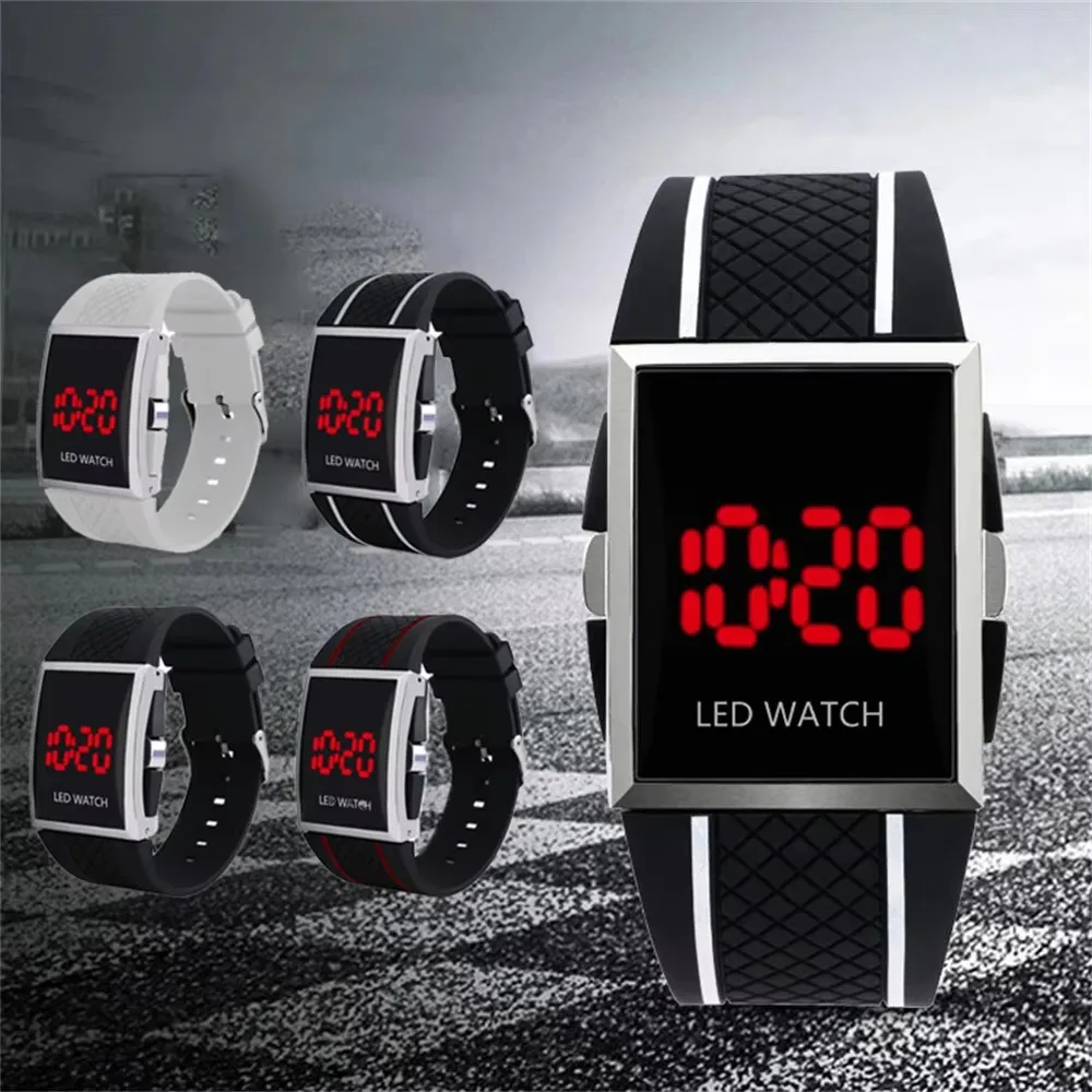 Simple LED Watches For Men Fashion Sport Red Light Digital Display Square Watch Silicone Watchband Classic Black White Men Watch