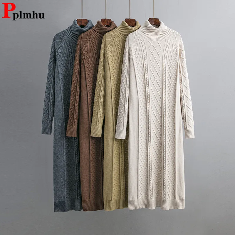 

Fall Winter Thick Turtleneck Knitted Sweater Dress Women Casual Long Sleeve Knitwears Pullover Vestidos Classic Solid Dresses