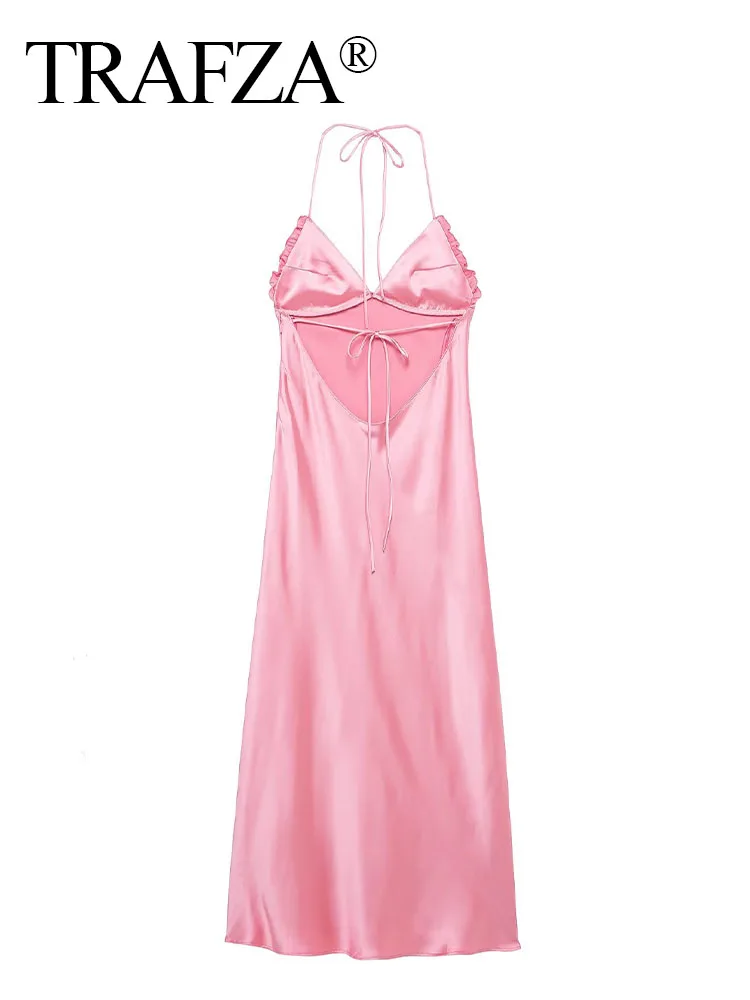 HH Women's New Sexy V-Neck Fashion Solid Sleeveless Silk Satin Texture Dress Female Elegant Backless Strap Ankle-Long Dress