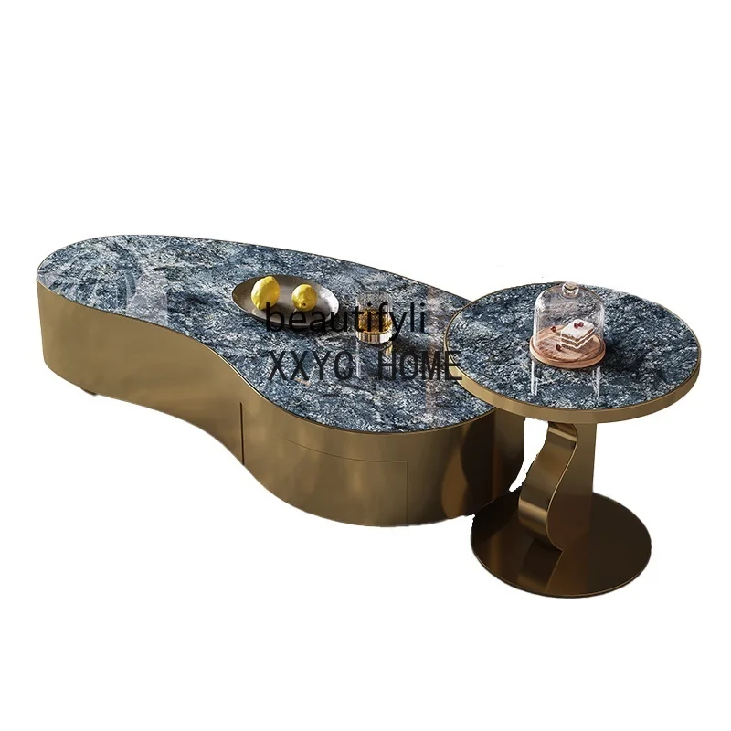 Italian-Style Light Luxury Special-Shaped Tea Table Combination Living Room Small Apartment Stainless Steel Stone PlateTea Table