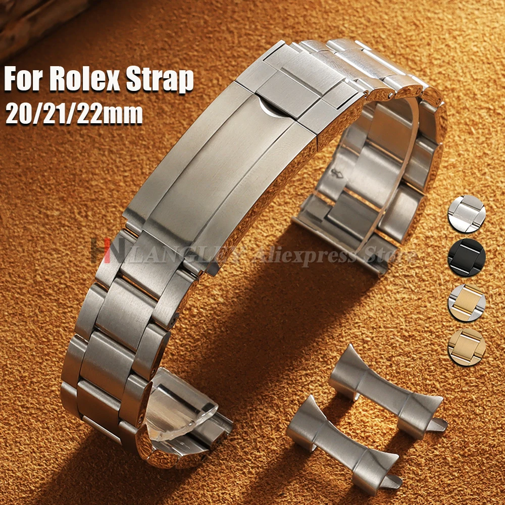Curved End Stainless Steel Watch Straps 20mm 21mm 22mm for Rolex for Oyster Perpetual Wrist Band Folidng Buckle Bracelet Luxury