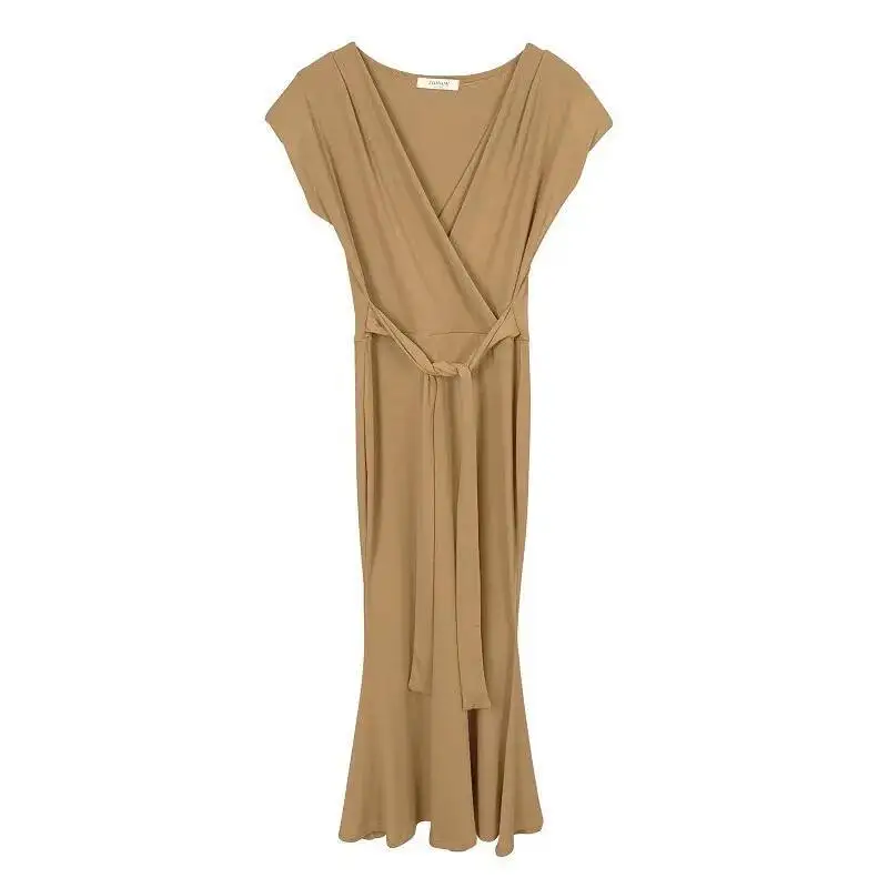 Corea sexy vita-serraggio cravatta spalla imbottita profondo scollo a V elegante abito lungo senza maniche moda donna sexy top UTW2