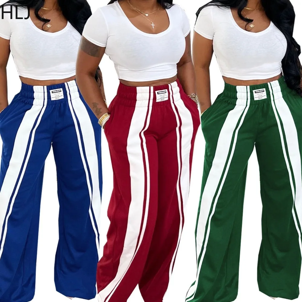 HLJ Fashion Stripe Patchwork Straight-leg Pants for Women American Retro Color Block Loose Pants Female Streetwear Clothing New