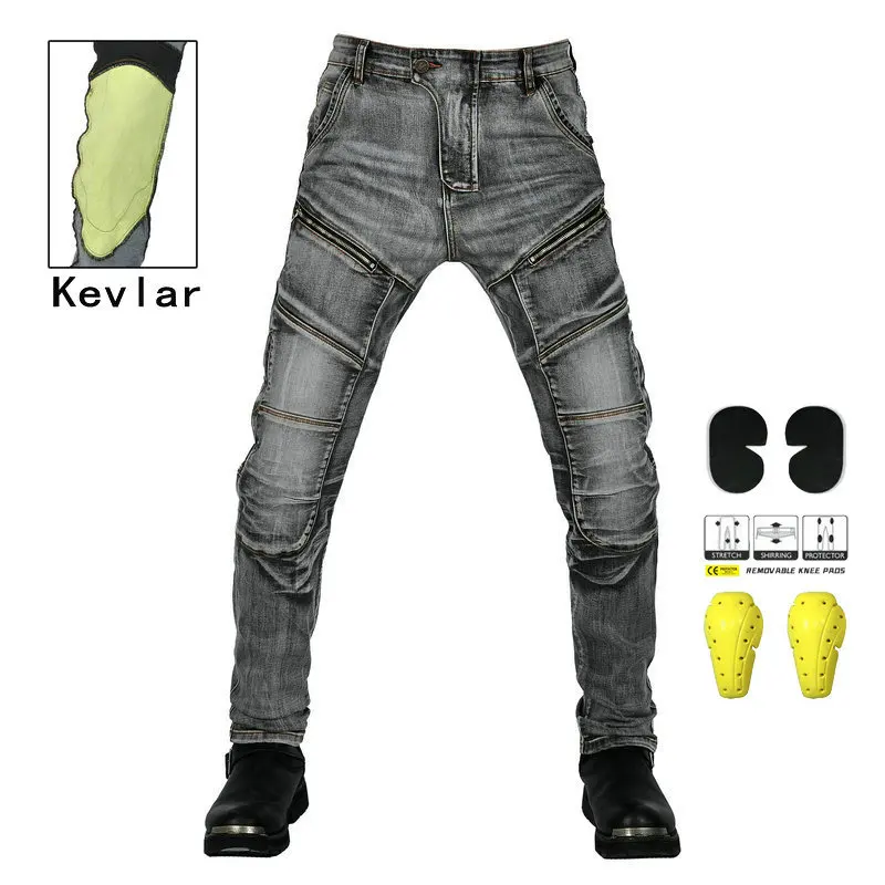 Vintage Casual Motorcycle Riding Jeans Men Anti Fall Rip Resistant Washed Stretchy Biker Motorcross Armor Protective Trousers