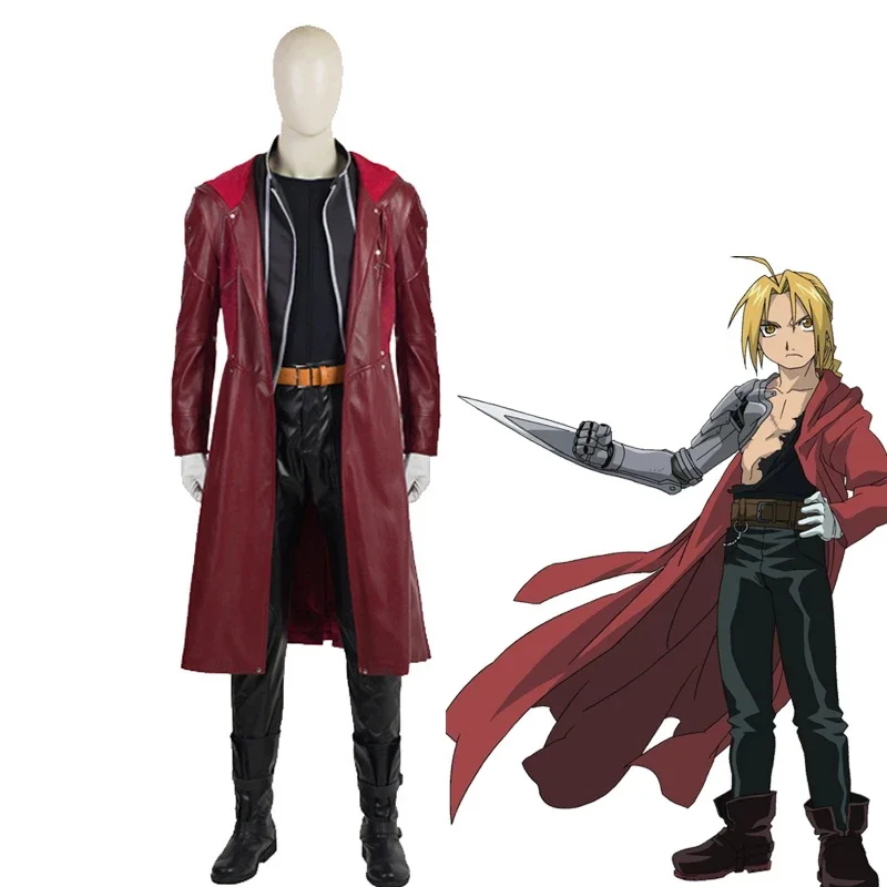 

Anime Fullmetal Alchemist Edward Elric Leather Uniform Suit Cosplay Costume Leather Trench Coat Vest Pants Man Halloween Cos # 1