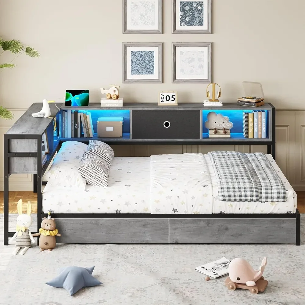 New Best Deal US Shipping Twin XL Metal Platform Bed Frame with Storage Drawers Bookcase Headboard Charging Station LED Lights D