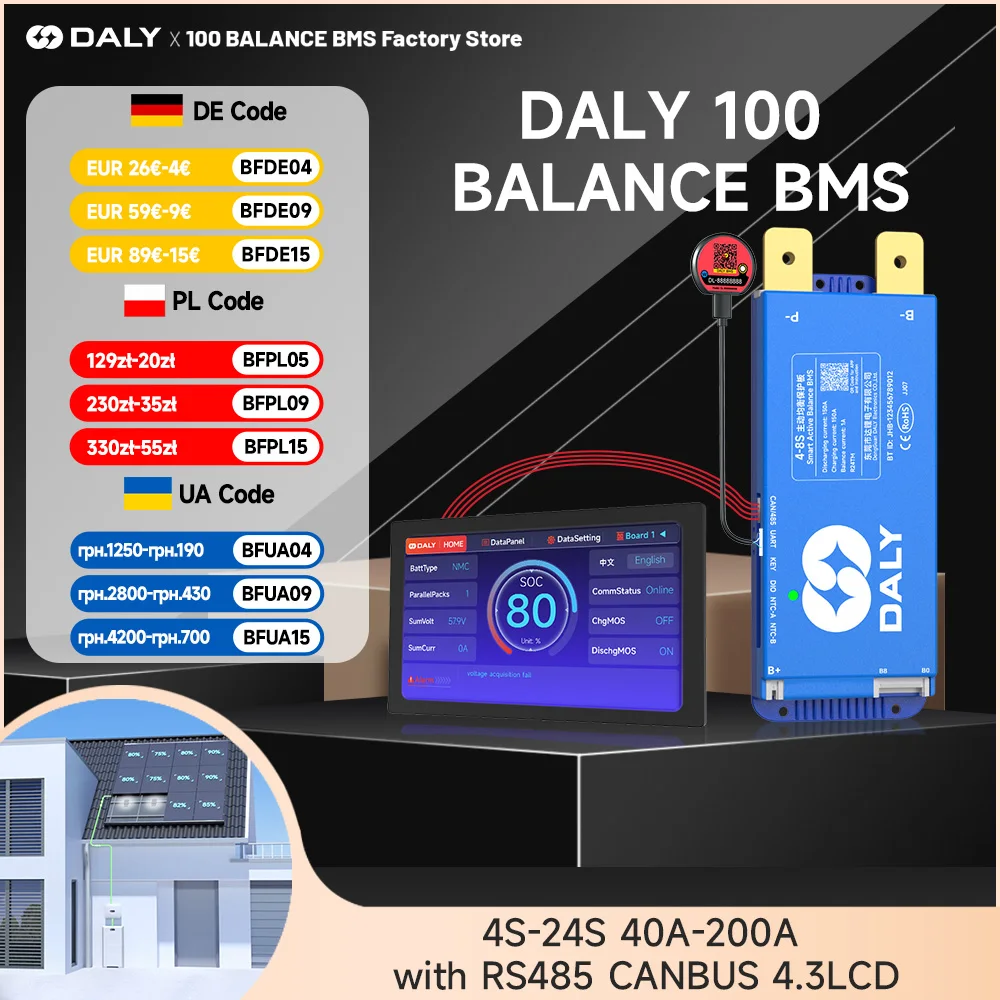 

Daly Smart BMS с BT WiFi 4S 12 В 8S 24 В 16S 48 В 40 А 100 А 150 А 200 А Активный баланс Защита от перезаряда/разряда для Sola/EV