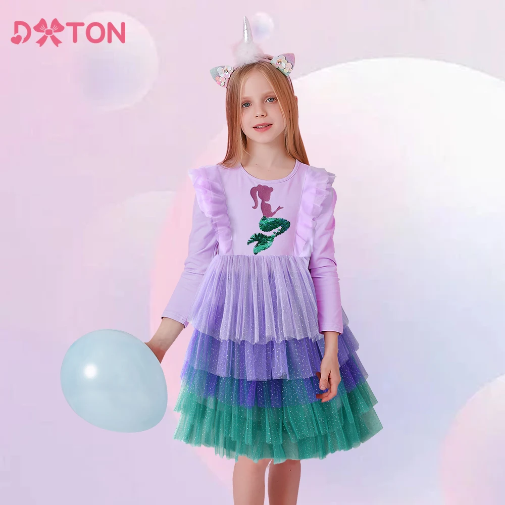 

DXTON 2024 Girls Dresses Winter Children Birthday Party Costumes Mermaid Sequin Princess Tutu Dress Patchwork Toddler Mesh Dress