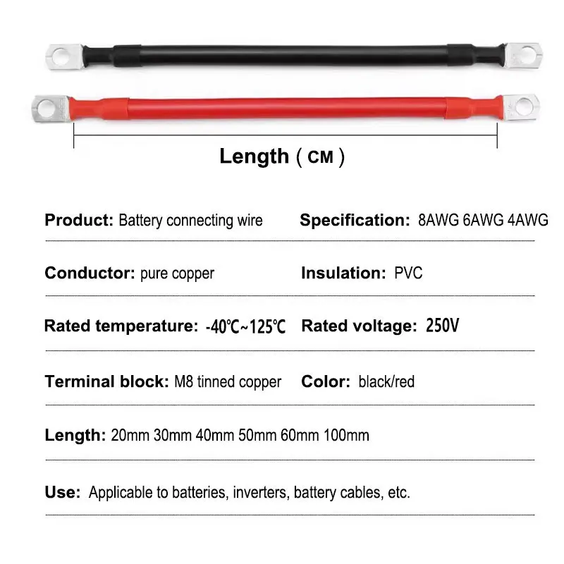 Soft Car Battery Wire PVC Cable With M8 Lug Red Black 8/6/4AWG Electrical Wire for Auto RV Solar Panel Inverter Length 20~100cm view 2