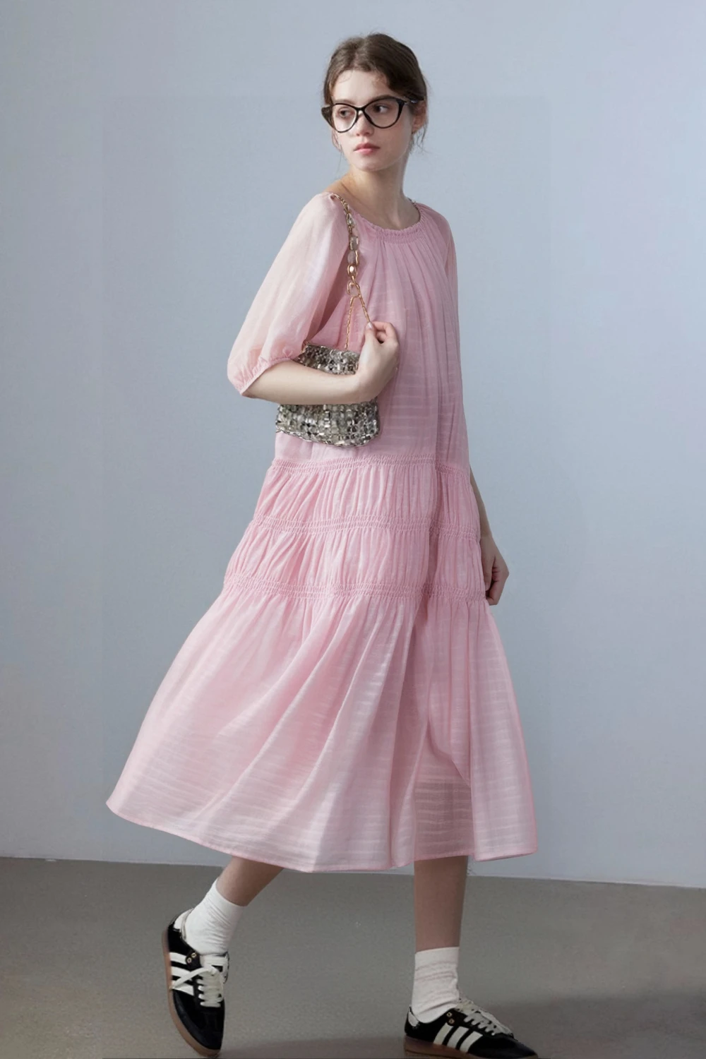 

VIMLY Women's Elegant Simple Patchwork Dress 2025 Spring Loose Causal Dress Three-quarter Sleeve Office Lady Long Dress A0300
