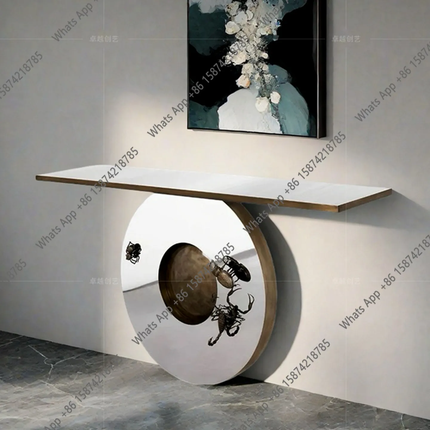light luxury  feeling of entry, facing the door, end view table, artistic feeling, against the wall, stainless steel