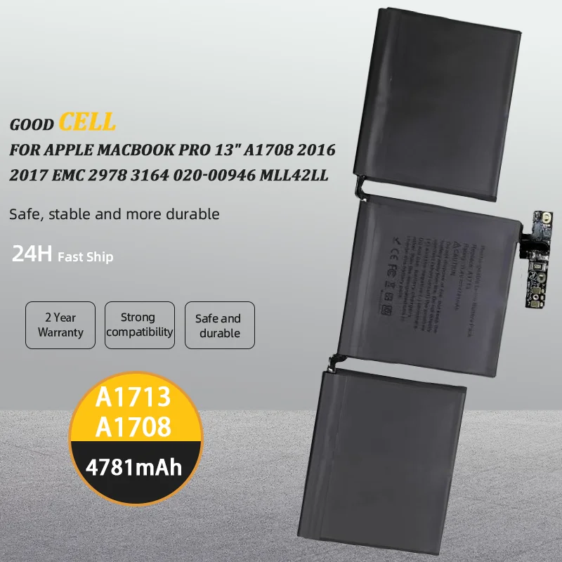 

A1713 Laptop Battery for Apple MacBook Pro 13" A1708 2016 2017 EMC 2978 3164 020-00946 MLL42LL Batteria AKKU 4781mAh