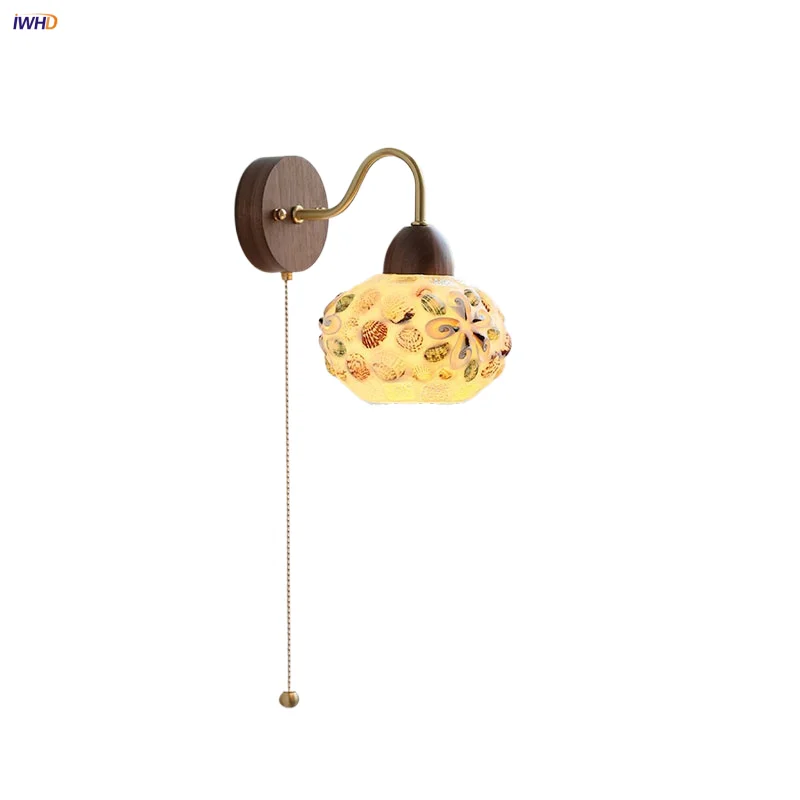 

IWHD Colorful Shell Glass LED Wall Light Fixtures Balcony Bedroom Copper Arm Pull Chain Walnut Wood Tiffany Style Bedside Lamp