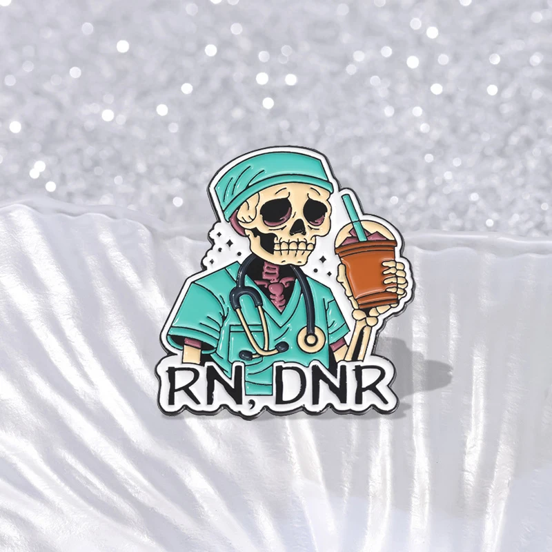 Skeleton Doctor Enamel Pins Custom RN,DNR Doctor Surgical Gown Stethoscope Brooches Lapel Badges Punk Jewelry Gift for Friends