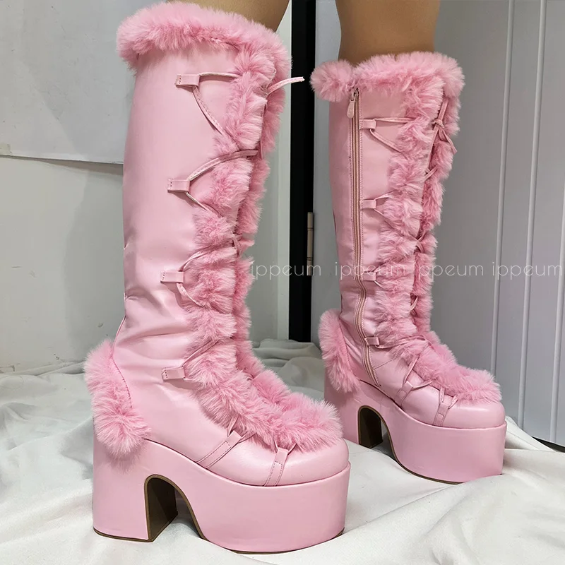 IPPEUM Platform y2k Boots Women Bratz Shoes Vigilance Chunky Punk White Snow Lolita Plush Knee High Boots Gothic Doll Shoes