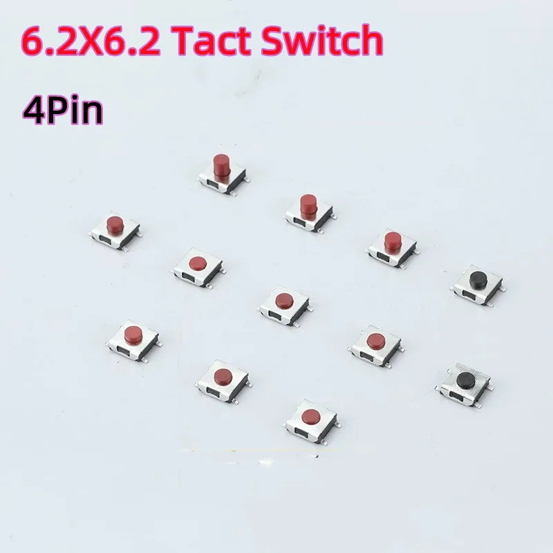 100PCS 6.2X6.2X2.5/2.7~5/5.5H SMD Red Button 4Pin Tact Switch Flat Base, Laptop Monitor 6x6