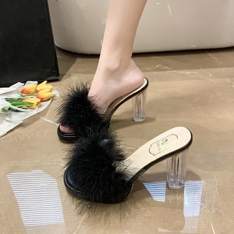 Fluffy Shoes Women\'s Slippers and Ladies Sandals Job Slides Heeled Sexy Furry Transparent Outside Open Toe Unique Easy Wears B Y