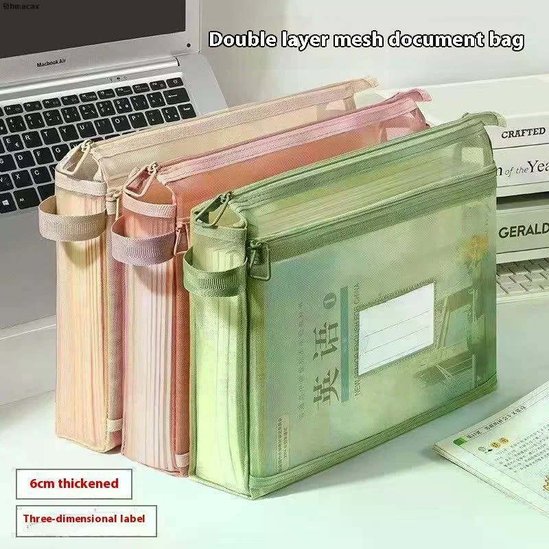 Double-Layer Subject Tutoring Bag Large Capacity Book Bag Classification Document Bag Transparent Portable Storage Bag