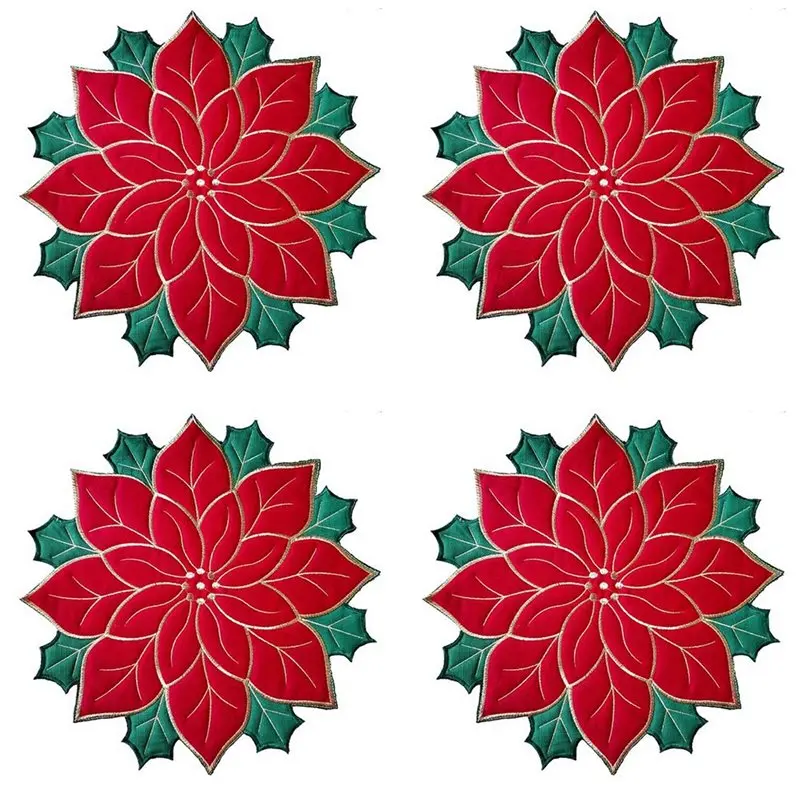 【LAST CHANCE】16X Holiday Christmas Embroidered Placemats Applique Poinsettia Placemats Christmas Flower Placemat A