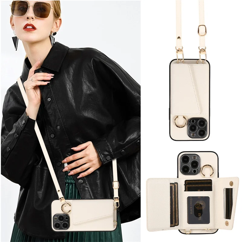 Trendige Crossbody-Hülle mit Lanyard, Make-up-Spiegel und Kartenfächern für iPhone 18, 18 Pro, 16, 17 Pro Max, 15, 14, 13, 12 mit Ringhalter – Detail 14