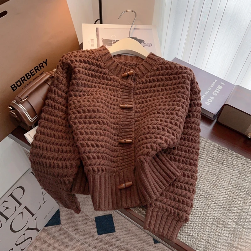 Thickening Brown Cardigan Cashmere Jacket Women's Clothing Knitting Sweater Round Neck Pullover Vintage Fashion Autumn Tops