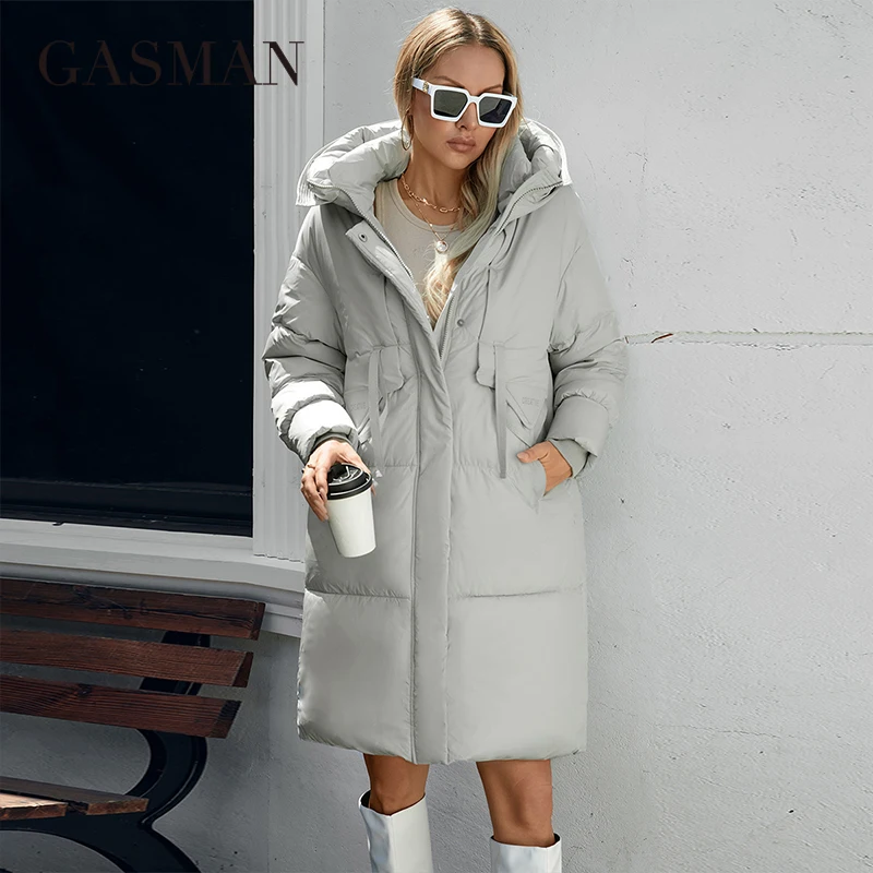 GASMAN 2024 Women down Jacket Long Classic zipper design Big Pocket Stand Collar Hooded Slim coat Women Parkas 88611