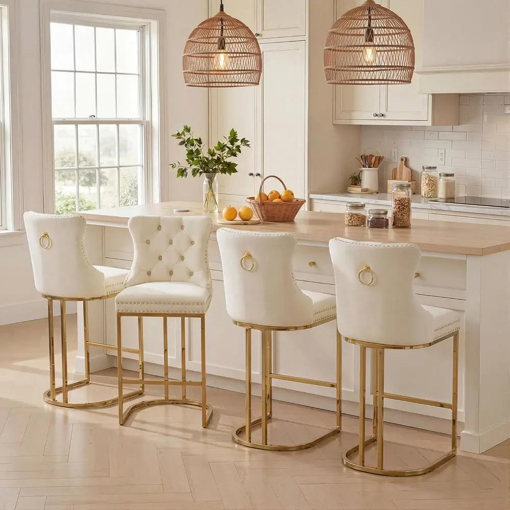 

Set of 4 Counter Height Bar Stools with Upholstered Velvet Seats and Gold Legs, 26 Inch Beige