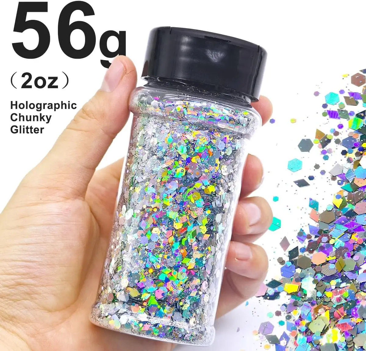 

Серебряный голографический блеск для ногтей - блестящий микс на 2 унции, массивный блеск, объемные цвета в шейкере, украшение для ногтей с блестками