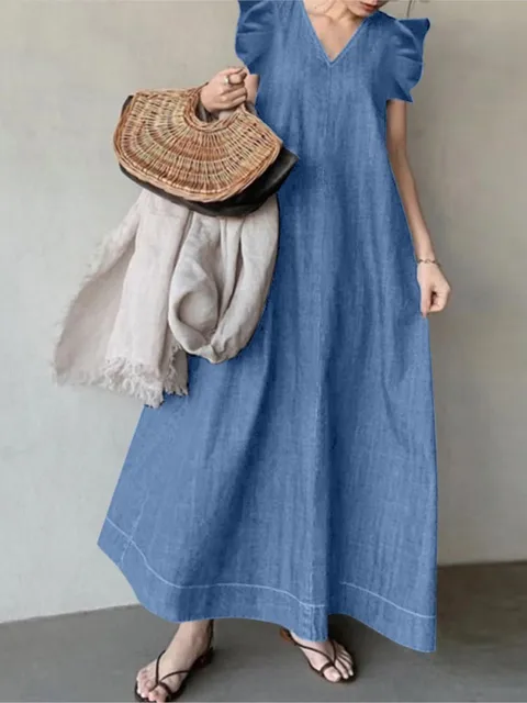 Vestido vaquero holgado de Color liso para mujer, traje largo de estilo bohemio con cuello en V, mangas voladoras, informal, para vacaciones