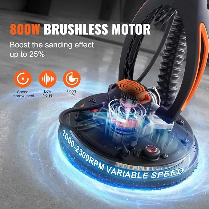 800W Brushless Motor Electric Sander, Variable Speed 1000-2300 RPM, Foldable Ceiling Sander