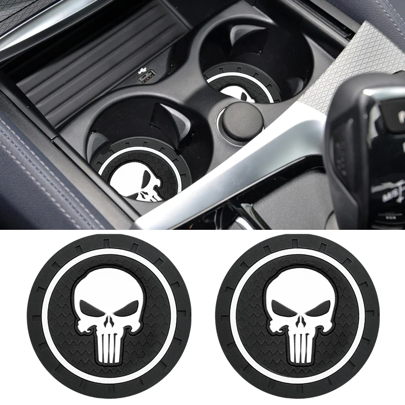 2Pcs Car Punisher Skull Logo Emblem Badge Coaster Water Cup Holder Anti Slip Pads Mat Decoration Auto Accessories Interior