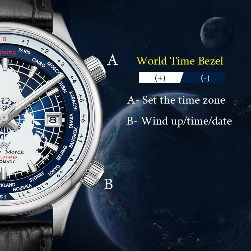 Luxury Automatic Watch Men\'s World Time Mechanical Watch Business 41mm Multi Time Zone Luminous Clock Willie Merck 2023