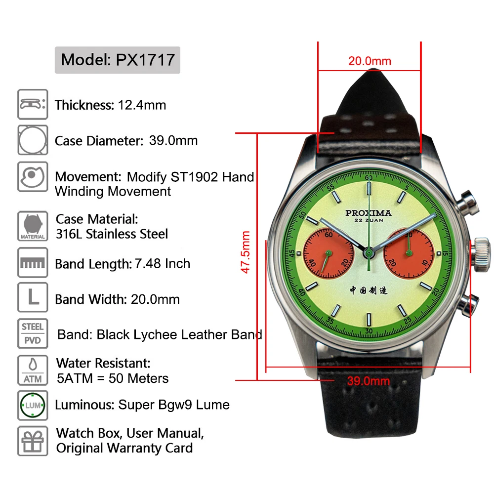 Proxima 남성용 방수 크로노그래프 기계식 손목시계, 돔 사파이어, 수정 ST1902 수박 다이얼, PX1717, 신제품