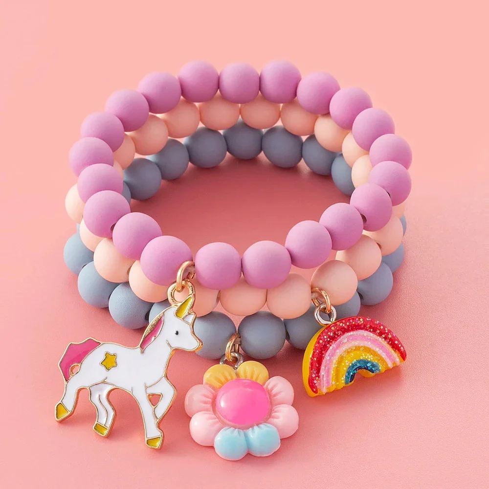 Dopamine Unicorn Rainbow Flower Charm Bracelet For Girls Sweet Multicolor Bead Bracelet 3 PCS Colorful Cute Bracelet Sets