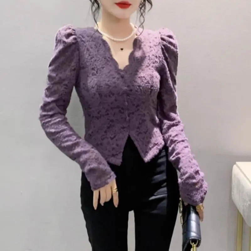 Luxqlo V-neck Purple Lace Long-sleeved Blouse Women\'s Korean Version of Fashionable Simple Casual Shirt Slimming Top