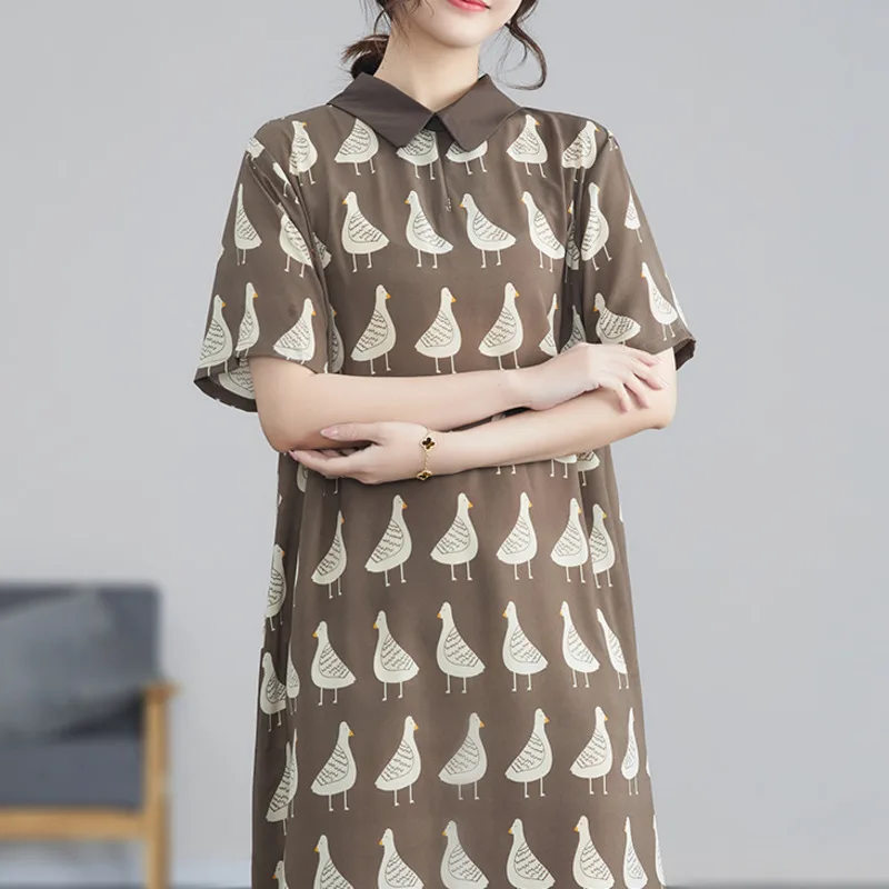 #3450 Summer 2023 Printed Shirt Dress Women Polo Collar Loose Vintage Chiffon Dress Short Sleeve Knee-length Retro A-Line Dress