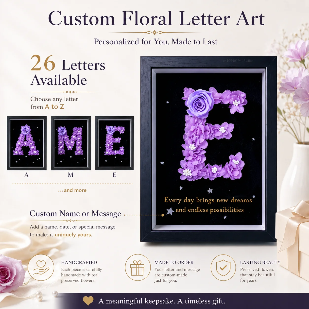 Personalized Preserved Floral Picture Frame Custom A-Z Letter Embroidery Custom Text Keepsake Gift For Her Birthday Valentine