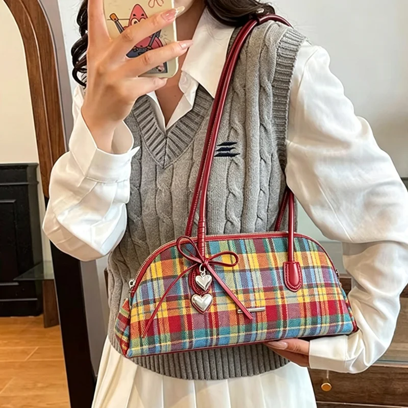 European American Retro Plaid Shoulder Bag Zippered Stylish Leopard Print Color-blocking Large Capacity Women's Underarm Bag