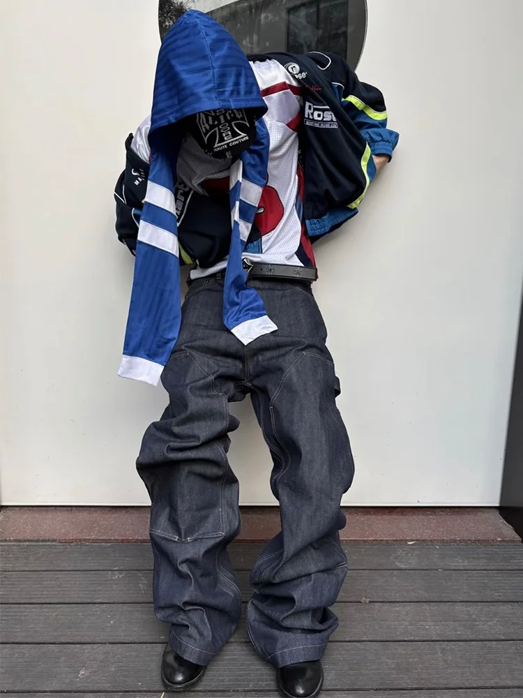 

RO Acbt Durable Original Denim Patchwork Logging Pants Straight Leg Slimming Loose Jeans for Men And Women Casual Wear