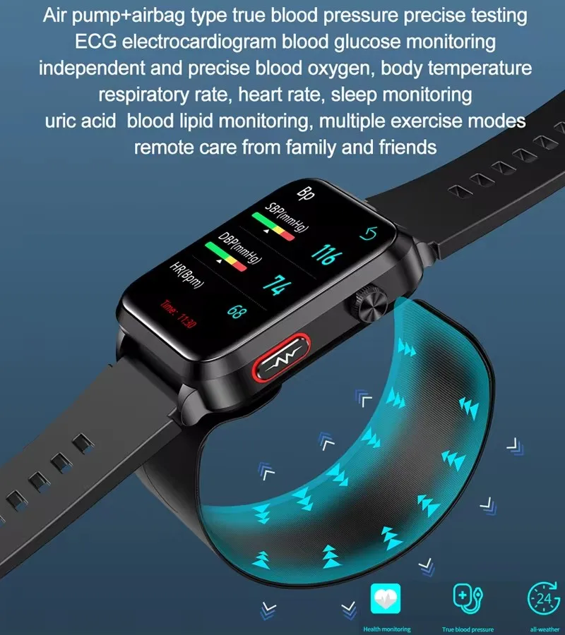 New Air pump+air bag Smart Watch Blood Pressure measure ECG+PPG Blood Sugar Blood Fat uric acid Health medical grade Smartwatch