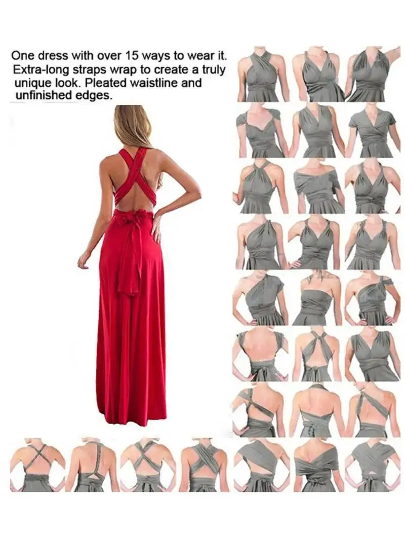 Seksowna Sukienka Maxi Boho z Wieloma Sposobami Noszenia, Czerwona Sukienka Bandage na Imprezę, Sukienka Druhny, Sukienka Infinity Robe Longue Femme