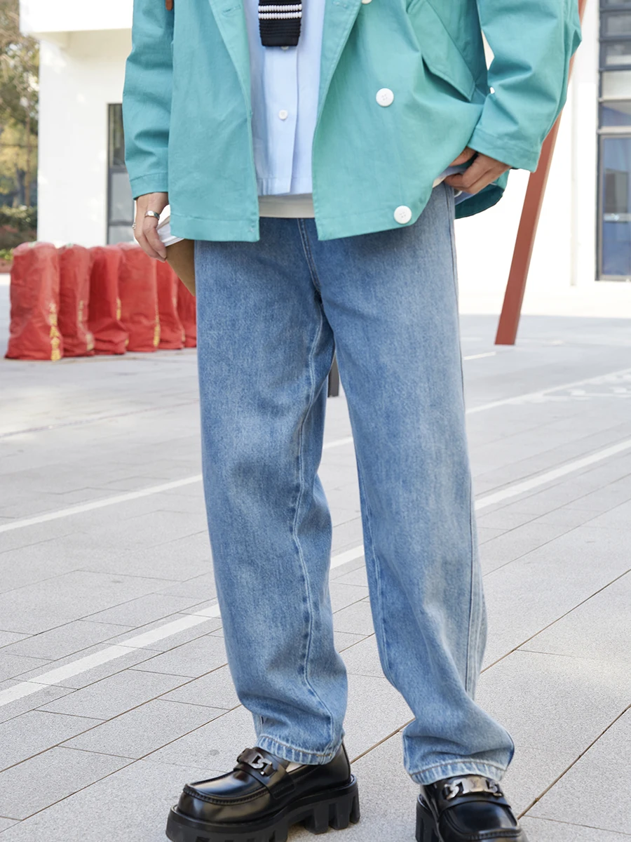 

Весенне-летние синие джинсовые джинсы с завышенной талией, прямые брюки из ткани для похудения, нормальная талия, Cleanfit Sle, маленький рост для женщин