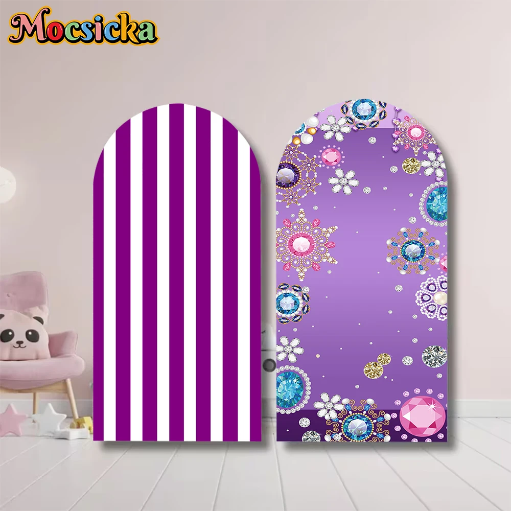 

Mocsicka Arch Backdrop Baby Shower Girl Birthday Adult Wedding Arched Background Covers Purple Striped Scales Decor Studio Props